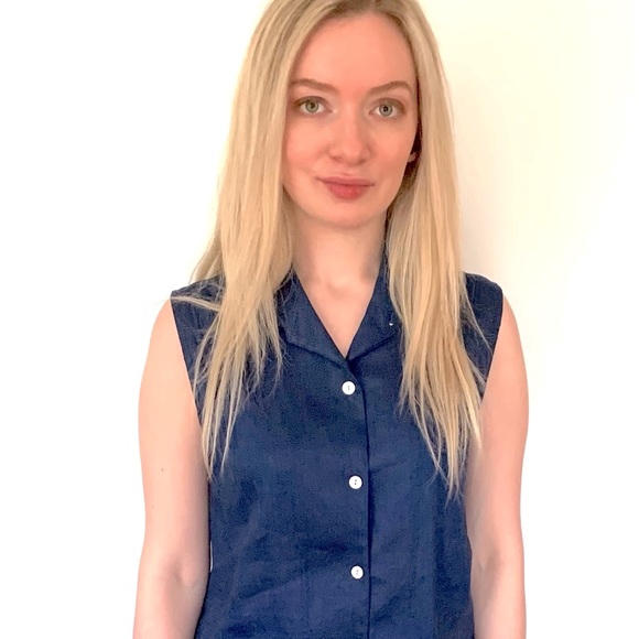 Royal Blue 100% linen button-up shirt mother-of-pearl buttons embroidered collar - Picture 8 of 16